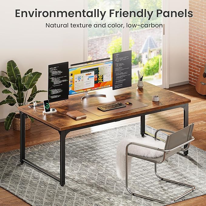 Huuger 63 x 31.5 inch Desk with Power Outlets & USB-C, 1.2 Inch Thicker Desktop, Robust Metal Tubes, Deep Computer Desk, Heavy Duty Office Desk, for Home Office, Rustic Brown