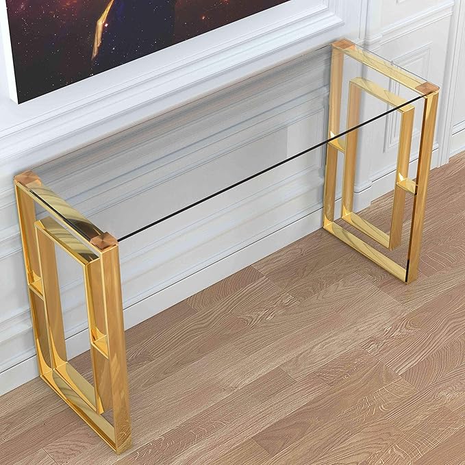Cortesi Home Laila Console Table Stainless Steel Glass, 15.75" D x 47" W x 30.5" H, Gold,Clear