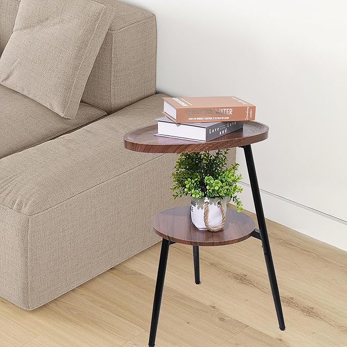 Side Table Small End Table, Oval & Round Wood Sofa Table, 2-Tier Accent Table Nightstand Bedside Table with Metal Frame for Living Room, Bedroom, Small Spaces (Rustic Brown)