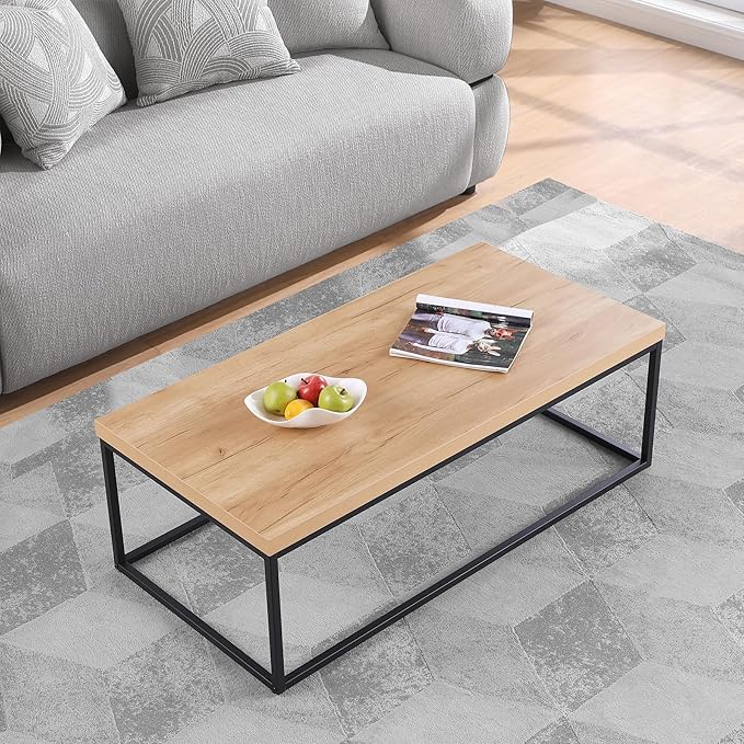 CENSI 47-Inch Natural Oak Accent Coffee Table/Center Table for Living Room, Rectangle Modern Industrial Style,Wood and Metal, Max.Loading 220 lbs. (White Oak)