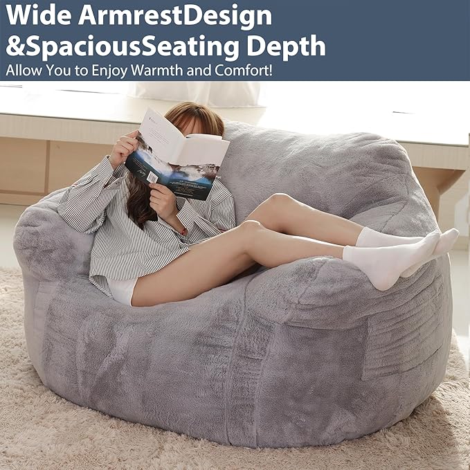 Large Bean Bag Chairs for Adults - Oversized Memory Foam Filled Bean Bag Sofa | Fluffy Adult Bean Bag Chair, Big Bean Bag Chairs for Living Room, Bedroom & Dorm - Gray
