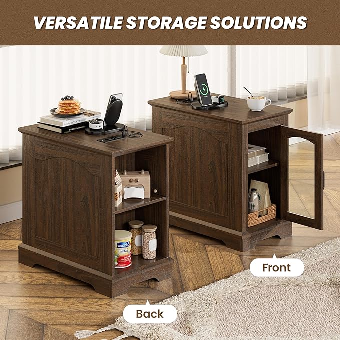 Narrow End Table with Storage, Farmhouse Side Table with Power Outlets & USB Ports, Small Night Stand for Living Room, for Bedroom, Living Room(Glass Door, Walnut)
