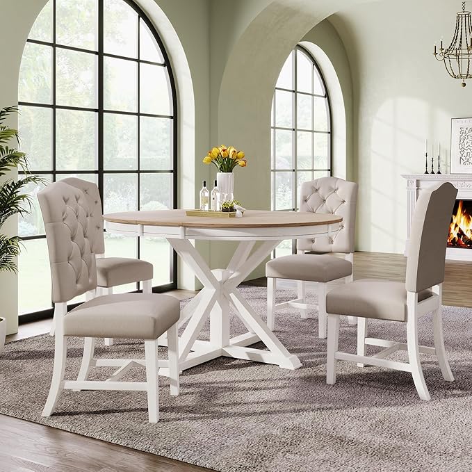 SogesPower 5-Piece Round Farmhouse Retro Dining Table Set for 4, Space-Saving Kitchen Table Set with Extendable Table and 4 Upholstered Chairs for Dining Room Living Room,Oak Natural Wood