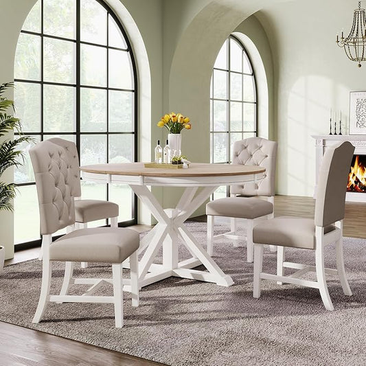 SogesPower 5-Piece Round Farmhouse Retro Dining Table Set for 4, Space-Saving Kitchen Table Set with Extendable Table and 4 Upholstered Chairs for Dining Room Living Room,Oak Natural Wood