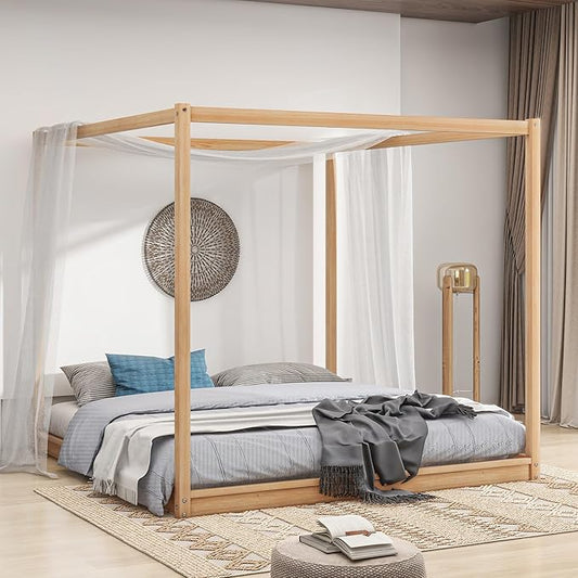 King Size Canopy Platform Bed with Support Legs,Solid Wood Bed Frame,4-Post Canopy-Platform-Bed for Kids Teens Adults, No Box Spring Needed,Natural