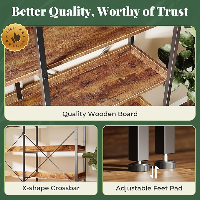 Huuger 6 Tier Bookshelf, Corner Bookshelf with 12 Open Shelves and Raised Baffle, 47.2 Inch Straight Wide Bookcase with Metal Frame and Wooden Board, Adjustable Feet, Rustic Brown