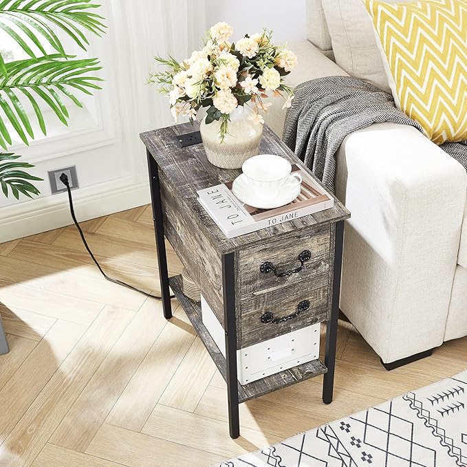 VECELO End Tables,Narrow Nightstands with Charging Station & USB Ports &Drawers,Night Stand for Living Room, Bedroom,Misty Gray