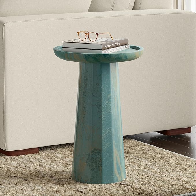 SIMPLIHOME Dayton Solid Mango Wood 13 inch Wide Round Contemporary Wooden Accent Table in Teal Wash, Fully Assembled for The Living Room and Bedroom