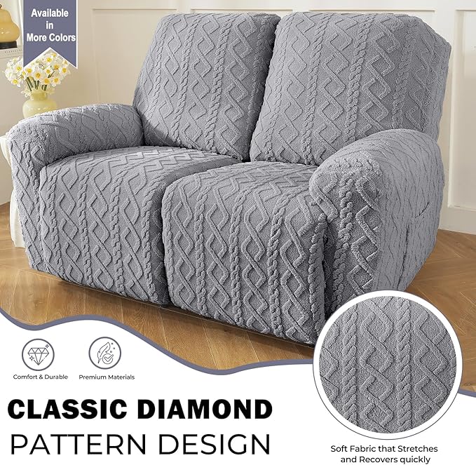 vctops 6 Pieces Geometric Jacquard Plush Recliner Loveseat Slipcovers Soft Fuzzy Fluffy Sofa Couch Cover Anti-Slip Furniture Protector with Elastic Bottom for Kids Cats Dogs(Grey,2 Seat)