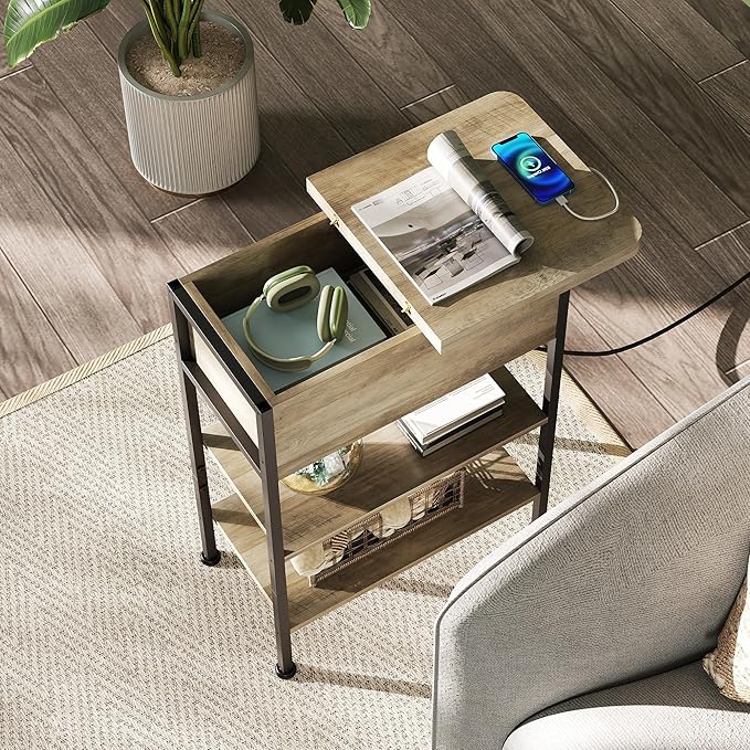 WLIVE End Table with Charging Station, Flip Top Side Table with Storage Shelf, Narrow Bedside Table for Living Room, Sofa Couch Table with USB Ports and Outlets, Bedroom Nightstand, Greige