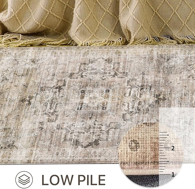 GENIMO 6x9 Area Rugs for Living Room, Machine Washable Non Slip Vintage Retro Rugs, Low Pile Lightweight Thin Print Rug for Bedroom, Dining Room, Home Office, Brownishi Drab