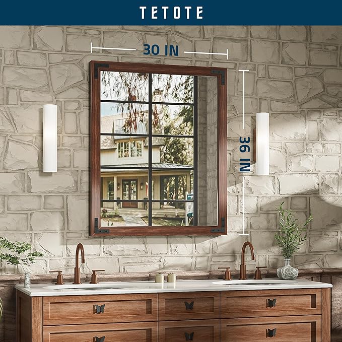 TETOTE 30 x 36 Walnut Wooden Mirror for Bathroom Wall/Bedroom/Living Room/Entryway Farmhouse Rustic Bathroom Vanity Mirror Brown Waterproof (Horizontal/Vertical Mounted)