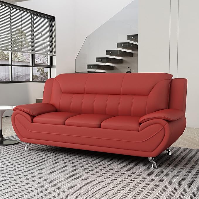 Container Furniture Direct Michael Modern Faux Leather Upholstered Stainless Steel Legs Living Room Sofa, Loveseat, Red