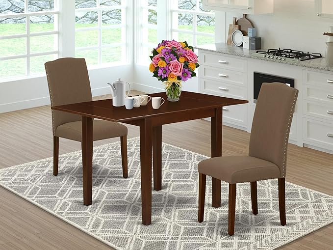 East West Furniture NDEN3-MAH-18 3 Piece Dining Set Contains a Rectangle Dining Room Table with Dropleaf and 2 Dark Coffee Linen Fabric Upholstered Chairs, 30x48 Inch, Mahogany