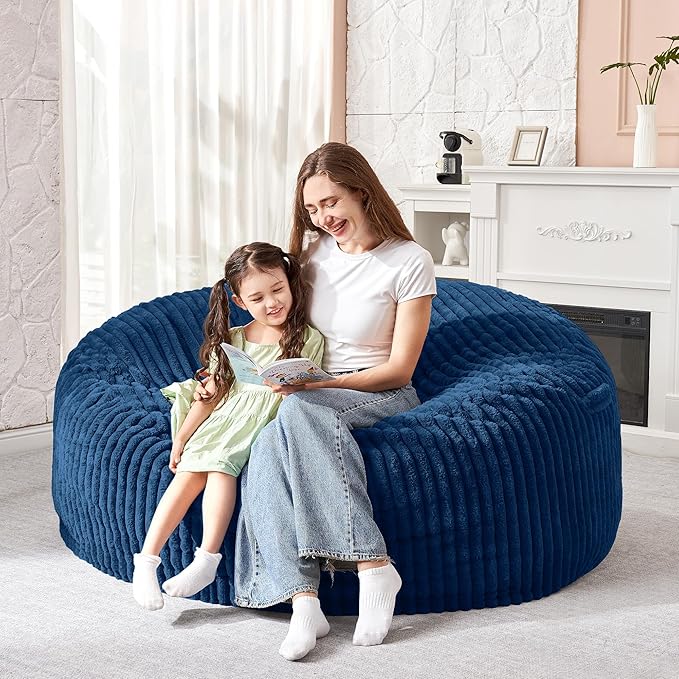 HABUTWAY 3FT Bean Bag Chair, 3' Large Bean Bag Chairs for Adults with Removable Stripe Plush Cover, Memory Foam Beanbag Chair for Living Room Bedroom Dorm (Blue)