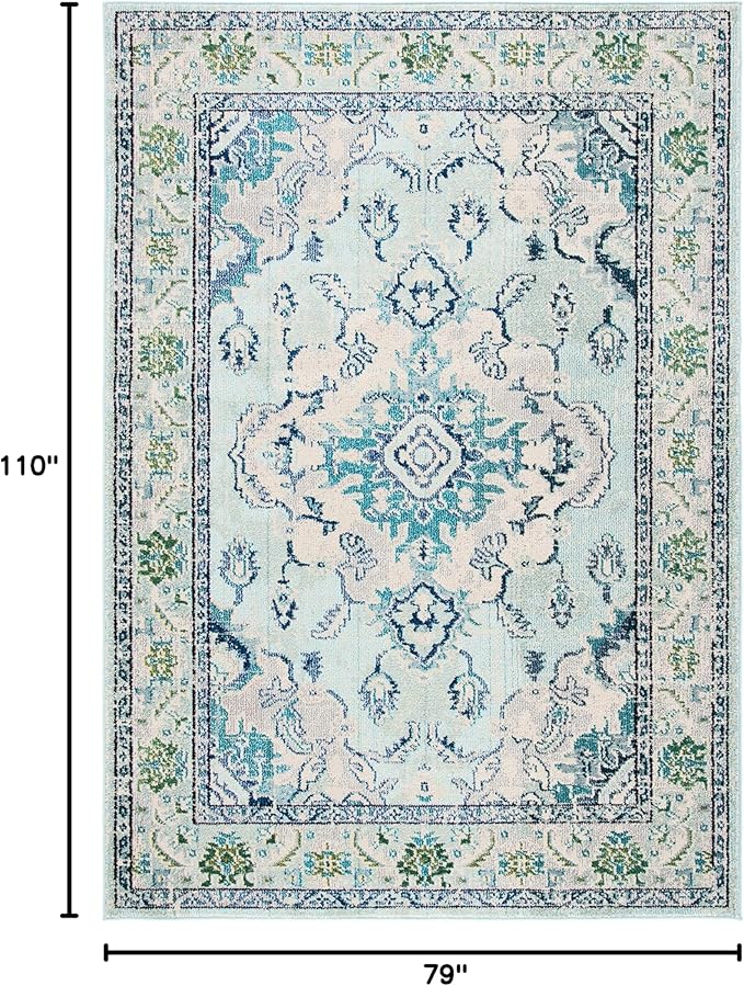 SAFAVIEH Monaco Collection Area Rug - 6'7" x 9'2", Light Blue & Ivory, Boho Chic Medallion Distressed Design, Non-Shedding & Easy Care, Ideal for High Traffic Areas in Living Room, Bedroom (MNC243K)