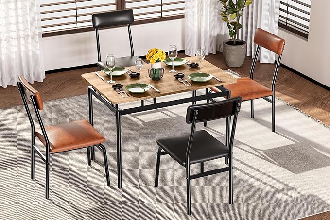 5 Piece Dining Room Table Set, Kitchen Table Set for 4 with Brown Wooden Grain Kitchen Table and 4 PU Upholstered Metal Chairs, Dining Room Set for Small Space,Home Dinner(2 Black & 2 Brown Chairs )