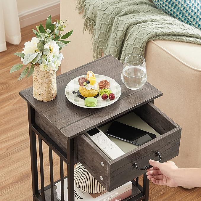 VECELO Nightstands Set of 2, Industrial Side Table/End Tables with Drawer and Storage Shelf, Night Stands for Bedroom, Living Room, Wood Metal Furniture, Easy Assembly