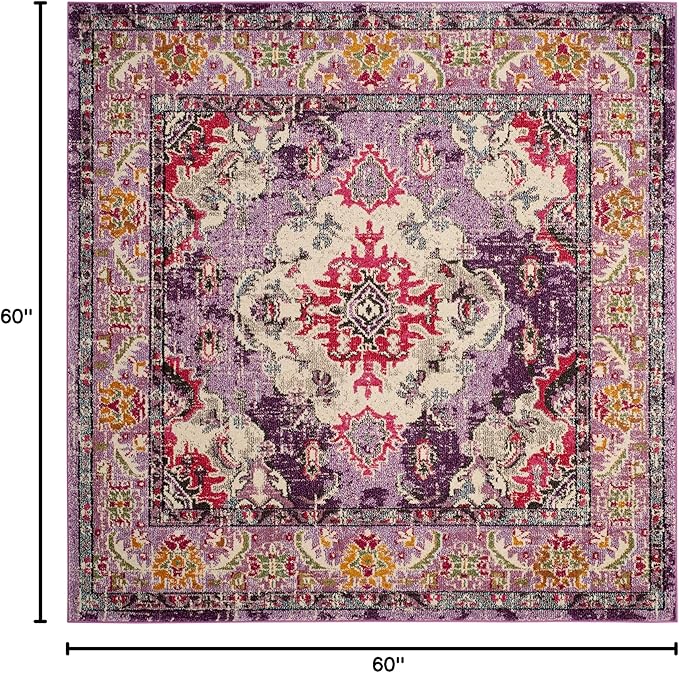 SAFAVIEH Monaco Collection Area Rug - 5' Square, Violet & Fuchsia, Boho Chic Medallion Distressed Design, Non-Shedding & Easy Care, Ideal for High Traffic Areas in Living Room, Bedroom (MNC243P)