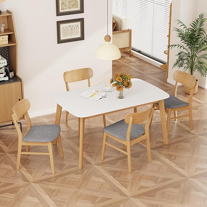 Merax 5-Piece Dining Set, Solild Wood Table & Chairs with Backrests for 4, Farmhouse Natural Kitchen Furniture for Home, Dining Room, Natural Oak+Gray