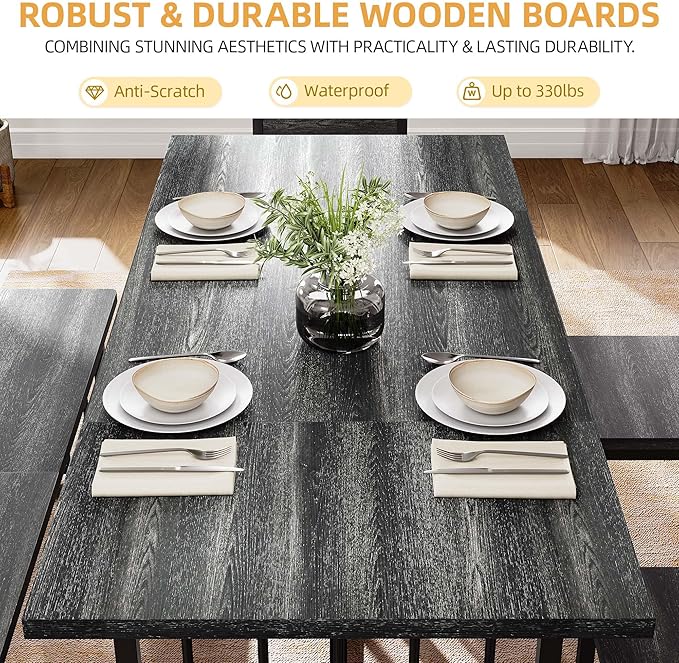 DWVO 63 Inch Dining Table Set for 6-8 People 6-Piece Large Kitchen Table Set with 2 Benches and 4 Chairs Farmhouse Rectangular Dining Room Table for Kitchen Dining Room Apartment Dark Grey