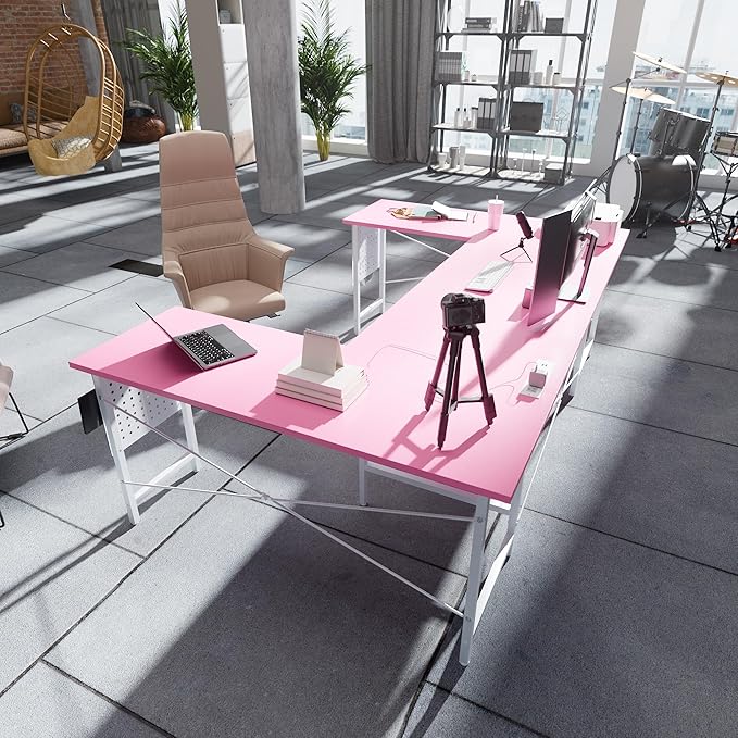 Pamray 71 Inch Large Computer Desk with Power Outlets,U Shaped Corner Desk for Home Office Work and Gaming Pink