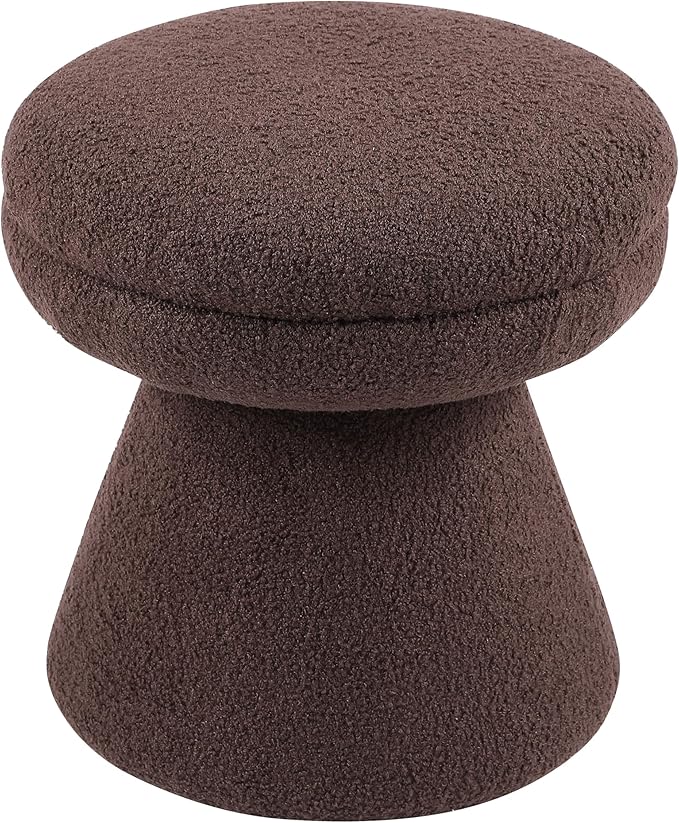 Furniture of America Rami Modern 18-inch Mushroom-Shape Upholstered Ottoman with Tapered Pedestal, Vanity Stool Chair, Small Foot Stool for Bedroom, Living Room, Entryway, Brown