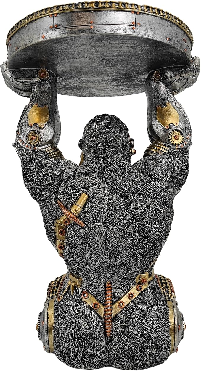 Steampunk Gorilla Side Table Pedestal End Table Stool Resin Cyborg Monkey Sci-fi Statue Sculpture Hand Painted Collectible Figurine with Cool Gear for Home Man Cave Decor Silver
