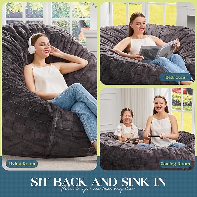 Hobestluk Bean Bag Chairs Beanbag Chair with Filler Adult Bean Bags with Fluffy Cover, Giant Bean Bag Chairs for Adults for Living Room, Bedroom (Dark Grey, 6FT - 70" x 70" x 15")