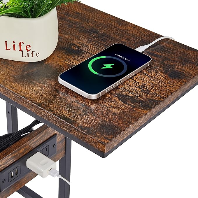 VECELO C Shaped End Side Table with Charging Station & Power Outlets for Couch Sofa/Bed Snack TV Tray with Metal Frame for Living Room Bedroom 1 Set, Brown