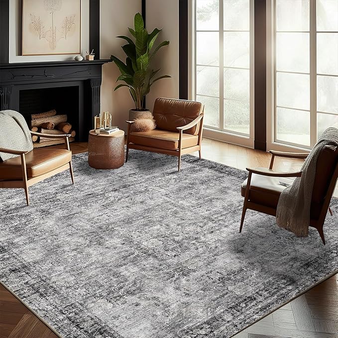 Washable Area Rug 9'x12' Retro Boho Design Non-Shedding Easy Care Ideal for High Traffic Areas in Living Room Bedroom Office Coffee Table Kitchen Large Carpet