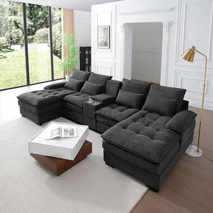 130" U-Shaped Sectional Sofa with Storage Console & Cup Holders, Upholstered 6 Seat Living Room Sleeper Couch Furniture Set w/Chaise, Cloud Cushion Couch for Home, Office, Apartment,Grey