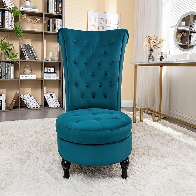 Container Furniture Royal High-Back Velvet Accent Chair for Vanity with Storage and Luxurious Upholstery, Retro Design and Versatile Usage for Livingroom, Bedroom, Lounge and Office, Greenish Blue