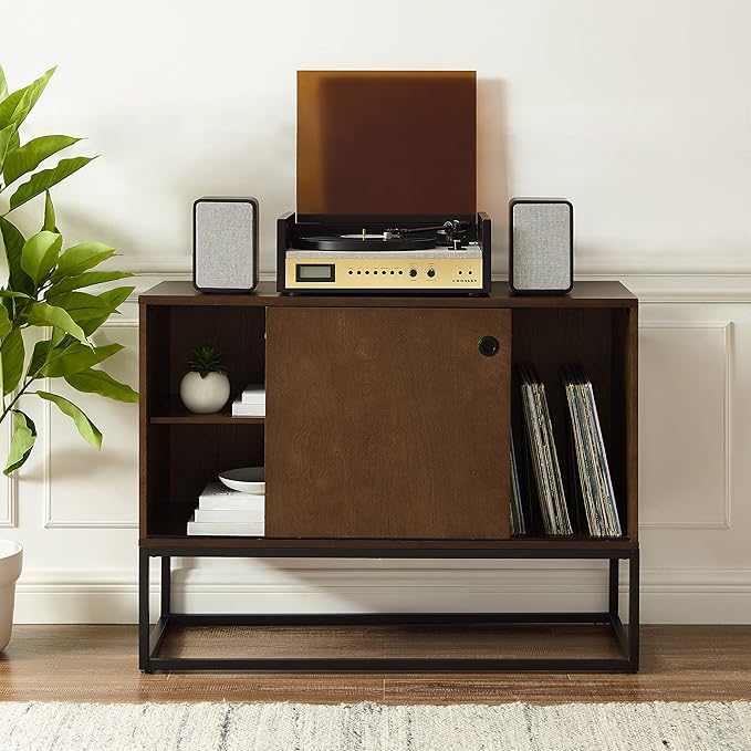 Crosley Furniture Byron Media Console and Record Player Stand with Storage for Vinyl Records, Brown/Black