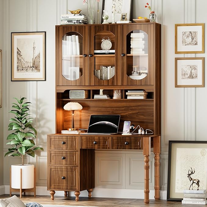 Merax 47'' Executive Desk with Charging Station and Hutch, Home Office Desk with 5 Drawers and Glass-Door Bookshelf, Retro Computer Desk for Study, Bedroom Office Furniture, Walnut