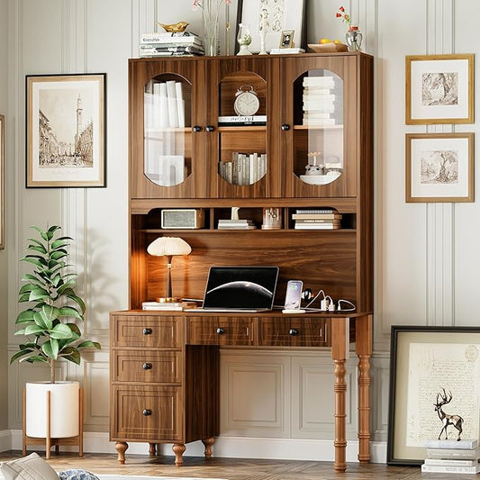 Merax 47'' Executive Desk with Charging Station and Hutch, Home Office Desk with 5 Drawers and Glass-Door Bookshelf, Retro Computer Desk for Study, Bedroom Office Furniture, Walnut