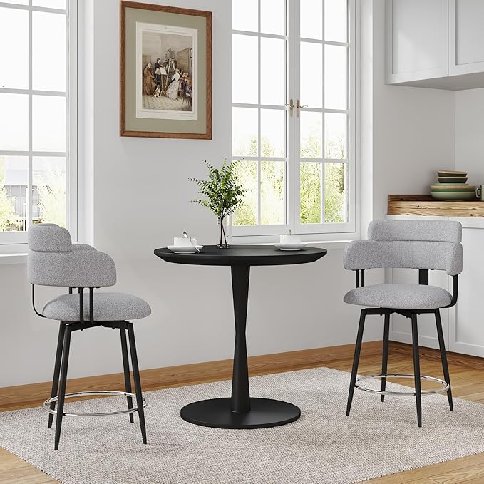 Swivel Bar Stools Set of 2, Counter Height Bar Stools with Ergonomic Full Back, Upholstered Linen Fabric Barstools with Chrome Metal Footrest for Kitchen Island, Dining Room