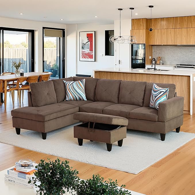 NicBex Sectional Couch 3 Pieces Sofa Set with Right Chaise Corduroy L Shaped Cloud Couch for Living Room Furniture Sets with Storage Ottoman, Modular Sofa for Living Room & Apartment, Brown