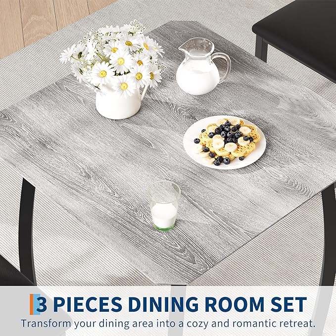 GAOMON Dining Table Set for 2, 3 Piece Small Kitchen Table and 2 Upholstered Chairs with Metal Frame & Wood Grain Tabletop for Small Space, Apartment, Kitchen, Dining Room, Black/Grey