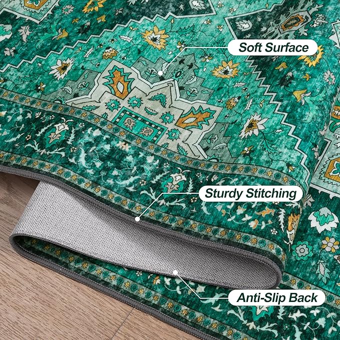 Vintage Rug 2x3 Washable Rug for Entryway, Non Slip Small Area Rug, Indoor Front Door, Print Distressed Emerald Door Mat Carpet, Soft Low Pile Rugs for Entrance Kitchen Bedroom Bathroom