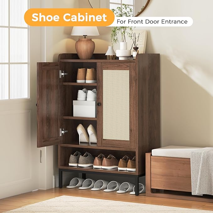 Rattan Shoe Cabinet Storage for Entryway, Shoe Cabinet with Adjustable Shelves for Entryway, 5-Tier, 20 Pair Shoe Rack Storage for Hallway, Closet, Living Room, Brown