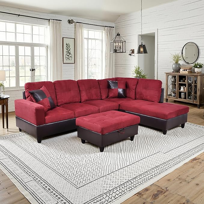 NicBex Sectional Couch 3 Pieces Sofa Set with Left Chaise Flannel PVC L Shaped Cloud Couch for Living Room Furniture Sets with Storage Ottoman, Modular Sofa for Living Room & Apartment, Red+Black