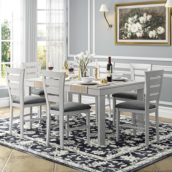 6-Piece Solid Wood Dining Table Set for 6, Modern Breakfast Dinette Extendable Kitchen Table with Chairs for Dining Room, Kitchen, Grey