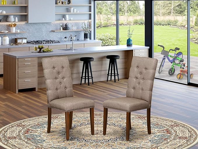 East West Furniture ELP3T16 Elsa Parson Dining Chairs - Button Tufted Nailhead Trim Dark Khaki Linen Fabric Upholstered Chairs, Set of 2, Mahogany