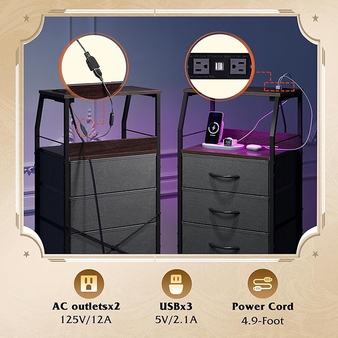 WLIVE Nightstand with Charging Station, Night Stand with LED Light, Tall 4 Drawer Dresser for Bedroom, 37" H Bedside Table with Fabric Storage Bins, Open Wood Shelf, Metal Frame, Dark Grey