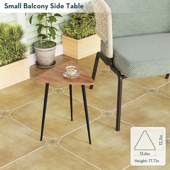 SAYGOER Small Triangle Side Table, Mid Century Modern Walnut End Table, Unique Night Stand Bedside Table Retro Accent Sofa Table for Living Room Bedroom,Medal Black Frame 13.5" W x 12.3" D x 17.7" H