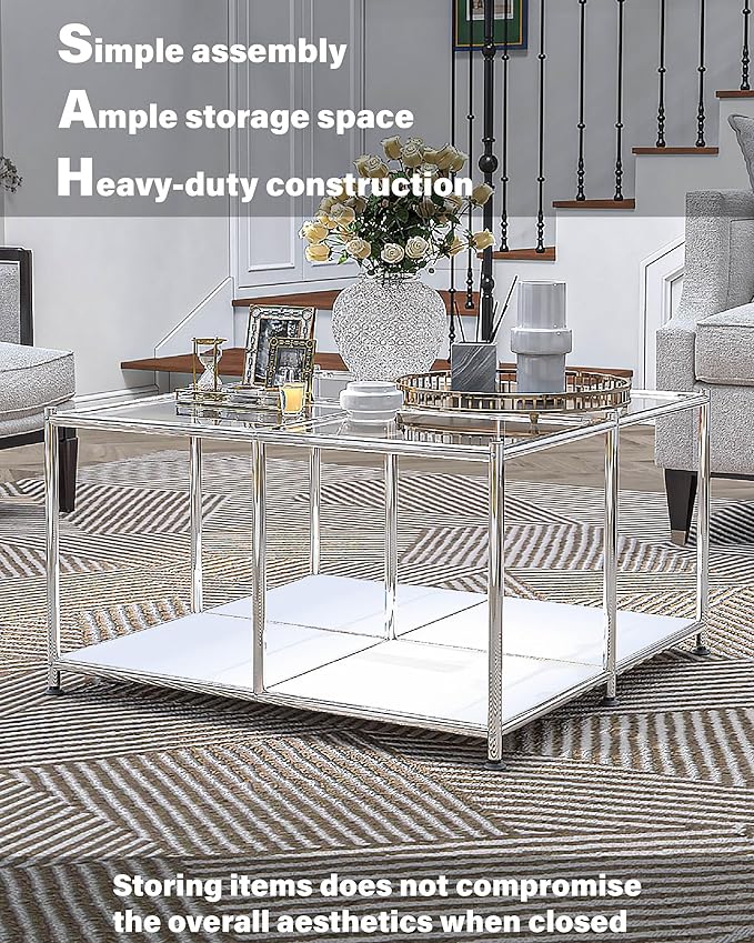 Matte Coffee Table with Open Storage, Square Tempered Glass Storage Rolling Coffee Table, Modern Design for Living Room, Meeting Room (White)