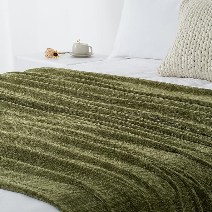 Chenille Throw Blanket for Couch 50"X 60", Soft Cozy Throws with Fringe Tassel for Bed Sofa Chair Cover, Lightweight Knitted Decorative Boho Blankets for Living Room, Olive Green