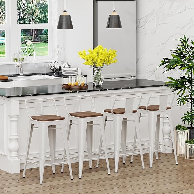 Yongchuang 26 inch Bar Stools Set of 4 Kitchen Counter Height Chairs with Wood Seat Industrial Low Back Metal Barstools Cream White