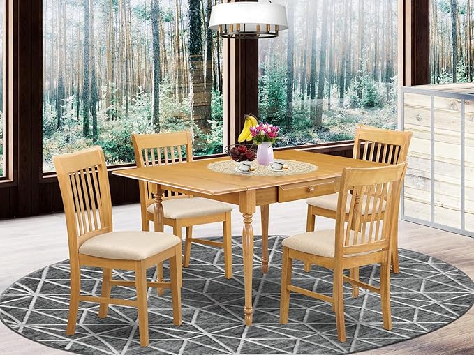 East West Furniture MZNO5-OAK-C 5 Piece Kitchen Table Set for 4 Includes a Rectangle Dining Room Table with Dropleaf and 4 Linen Fabric Upholstered Chairs, 36x54 Inch, Oak